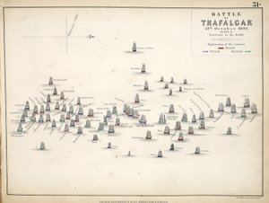 Karta över slaget vid Trafalgar, publicerad av William Blackwood and Sons, Edinburgh och London, 1848 (handfärgad gravyr)